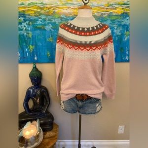 Boho hippie turtle neck Aztec print knit sweater in rose and cream
